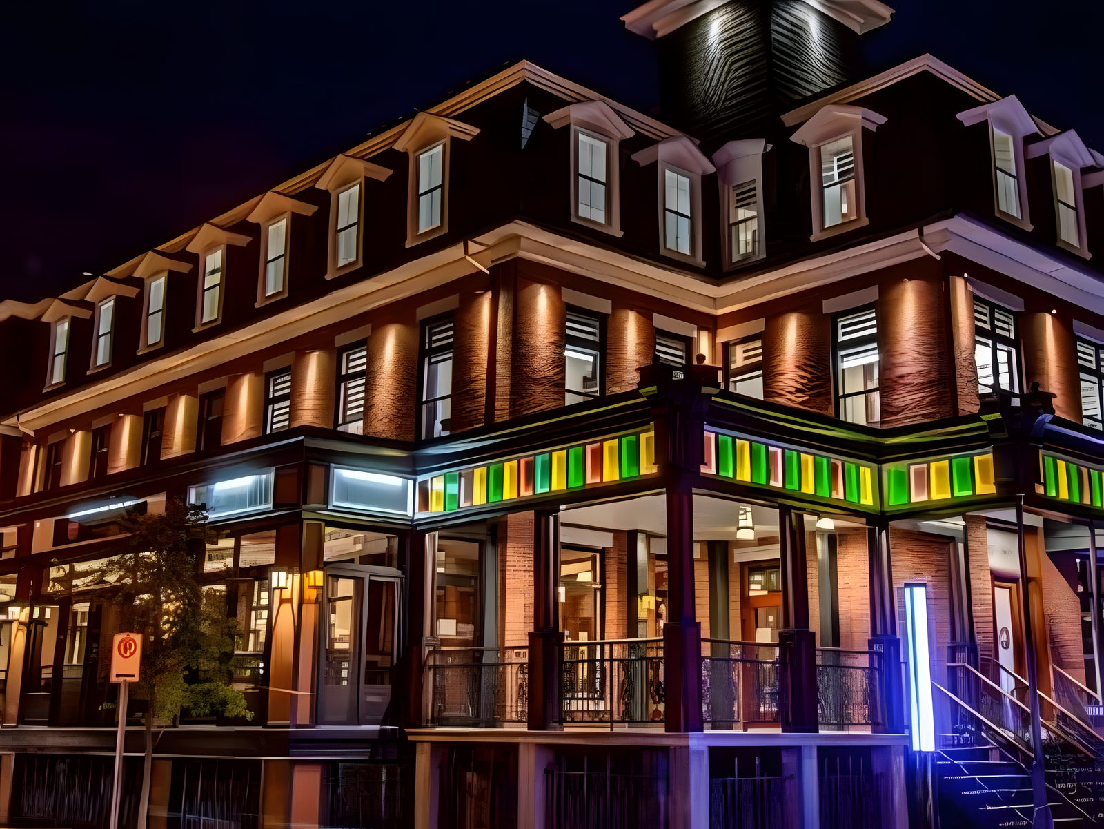 Le Grand Union de nuit : édifice patrimonial à tourelle, balcons et corniches éclairés, rue de la Gare à Victoriaville
